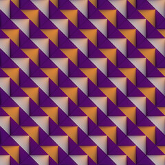 Geometric illustration of a pattern of orange and white triangles on purple squares. Modern style with emphasis on symmetry and dynamics creates an optical illusion effect. 3d rendering