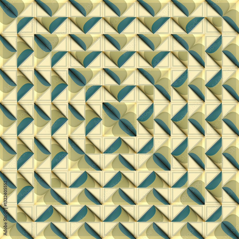 Poster Geometric pattern of yellow-green cones on a light background. Changes in shape and minimalist style emphasize symmetry and rhythm. 3d rendering digital illustration