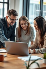 Collaborative Team Meeting in Modern Office Setting with Laptops and Notebooks