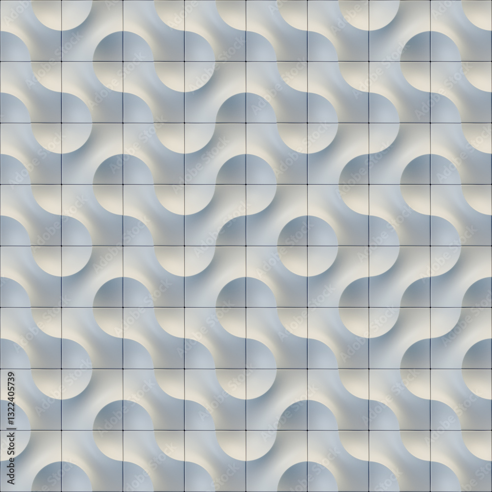 Poster Digital illustration of a white pattern of tiles arranged in a strict grid, each representing part of an overall pattern of wavy lines and circles. 3d rendering