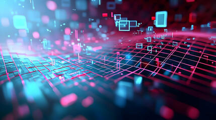 Obraz premium Abstract Futuristic Digital Data Network Technology Background With Glowing Blue And Pink Lights In Dark Cyberspace With Geometric Grid Matrix