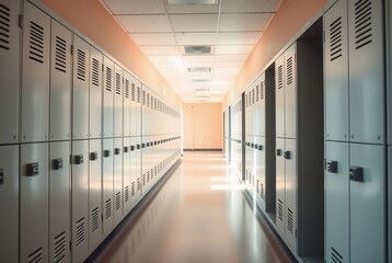 Empty School Locker Hallway with Modern Design and Natural Light