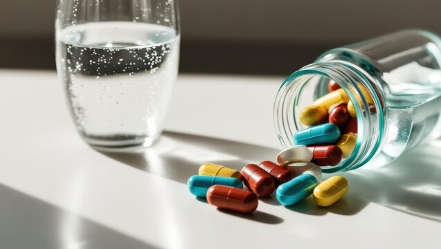 Close-up of Various Pills Next to a Glass of Water on a Wooden Table, Representing Medication and Healthcare.
