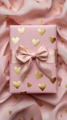 Romantic soft pink gift wrap with golden heart patterns, tied with a silk bow.