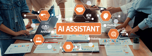 A dynamic scene depicting a collaborative workspace with an AI assistant theme, showcasing technology integration, teamwork, and modern business processes. Amity