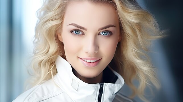 Close-up of female athlete in sportswear. Athletic young woman smiling. Beautiful girl in a sports suit. Concept of sport, natural beauty and active lifestyle. Illustration for cover, advertising, etc