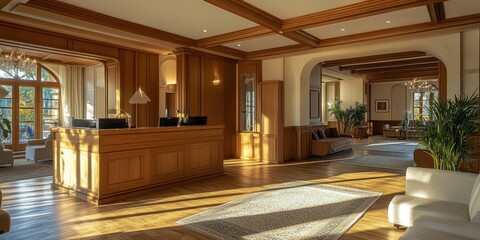 A sunny indoor scene features a reception desk and waiting area