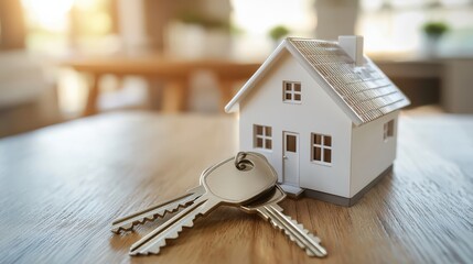Symbolizing homeownership miniature house and keys in sunlit kitchen
