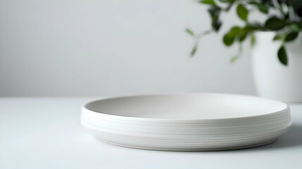 Minimalist White Ceramic Plate on White Table with Blurred Green Plant in Background Soft Diffused Lighting