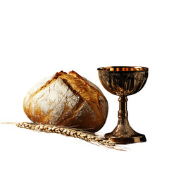 Premium stock photo of Loaf of bread with chalice and wheat stalk on black background. Christian communion and Easter celebration concept for design and print.,good friday. on a pure white background.