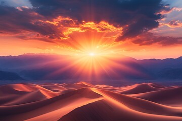 A beautiful sunrise illuminating a vast desert landscape with sand dunes