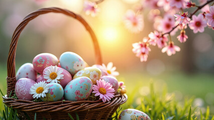 Easter Sunrise with Cherry Blossoms and Colorful Eggs - Perfect for Holiday Marketing, Greeting Cards, and Family Celebrations