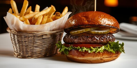 Gourmet Burger and Fries: A close-up shot of a juicy, gourmet burger with all the fixings, accompanied by a basket of crispy golden french fries, evokes the feeling of indulgence.