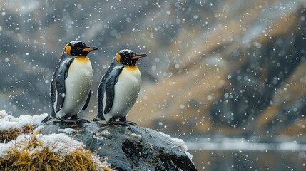 Fototapeta premium A pair of King Penguins huddled together amidst a winter snowstorm landscape