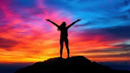 Silhouette of woman on mountaintop at vibrant sunset.