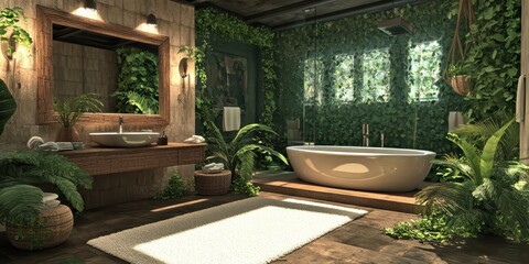 A luxurious bathroom with integrated plants and wooden elements