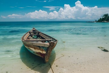 Fototapeta premium Tranquil Waterscape: An old wooden boat rests on a sandy beach, the turquoise waters of the sea shimmering under a clear blue sky adorned with fluffy clouds.