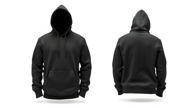 Black pullover hoodie front and back view isolated on white background, craft clay. White tone