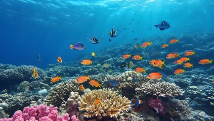 Obraz premium A coral reef with many different colored fish and corals