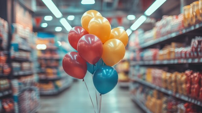 Colorful balloons in supermarket aisle.