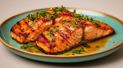 Grilled Salmon Delight: Close-up of expertly grilled salmon fillets with golden brown char marks, drizzled with sauce, and garnished with herbs, served on a decorative plate. 