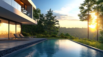 Modern hillside home with infinity pool overlooking scenic forest at sunset