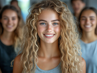 Confident Young Friends with Curly-Haired Woman Smiling in Office Setting
