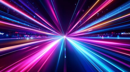 Abstract background with colorful light lines on a dark blue gradient, neon glowing speed lines, and laser beams. Vector illustration of a night road or highway for cars in motion. 