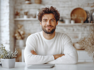 Focused Man Working on Laptop at White Desk in Modern Office