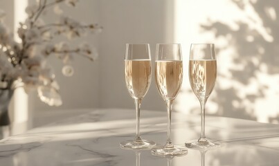 Elegant champagne glasses filled with sparkling liquid, placed on a white marble table with soft light creating a luxurious celebratory scene