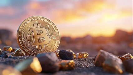 Bitcoin Cryptocurrency Coin on Gold Rocks at Sunset