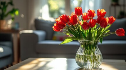 Vase of fresh red tulips on the coffee table with blurred background. Free copy space.