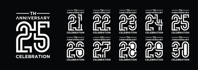 collection of 21 to 29 year anniversary logo designs with creative numbers in white on black background. abstract number design vector illustration