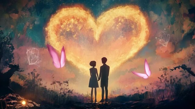 An animated depiction of a couple in love, showcasing a romantic love story concept. The illustration highlights affection, connection, and sweet moments between two characters