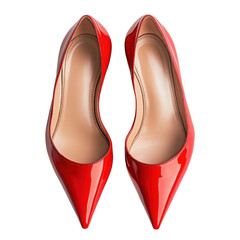 Fototapeta premium Red high heeled shoes with glossy finish on a clean Transparent background for elegant fashion statements, Red High Heeled Shoes on PNG background