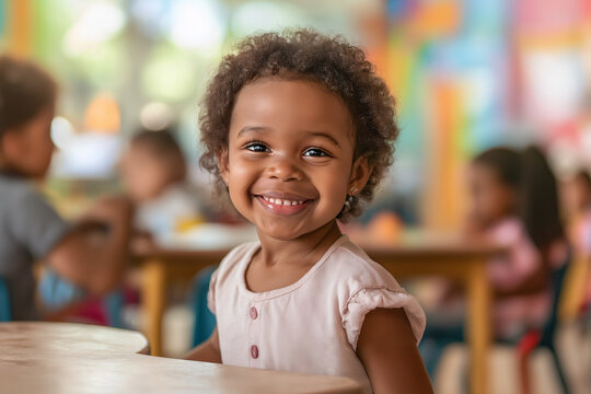 smiling little African-American girl sitting in pre-school classroom, copy space