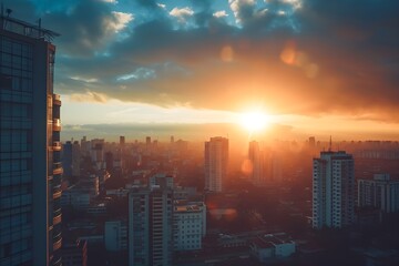 City Sunset Silhouette: Capturing a breathtaking urban skyline as the sun dips below the horizon, painting the sky with fiery hues, casting a dramatic silhouette over the city buildings.