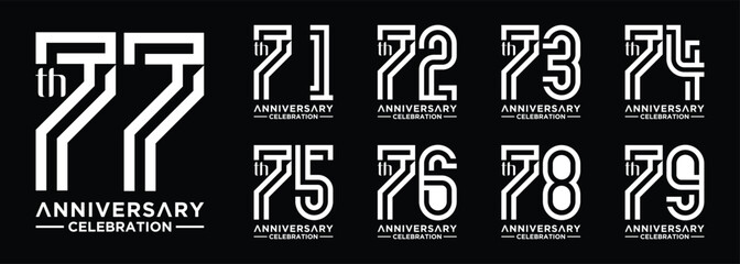 collection of 71 to 79 year anniversary logo designs with creative numbers in white on black background
