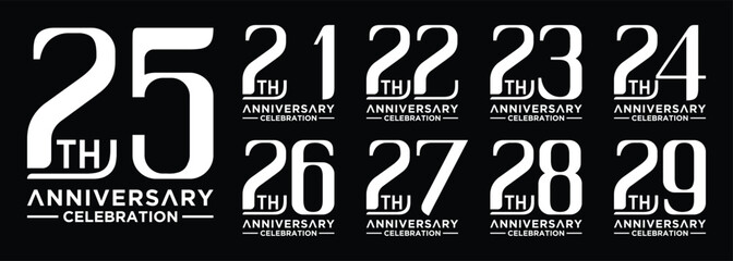 collection of 21 to 29 year anniversary logo designs with creative numbers in white on black background