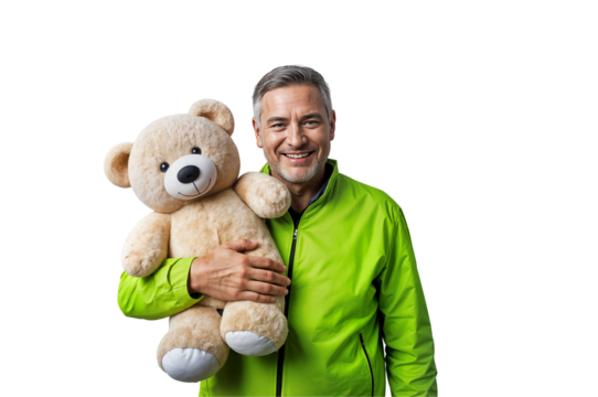 A man, dressed in a bright green jacket, stands in front of a white background, smiling and looking at the camera. He is holding a large plush teddy bear, looking warm and cute