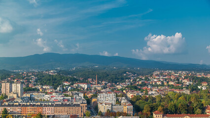 Panorama of the city center timelapse of Zagreb, Croatia, with modern and historic buildings,...