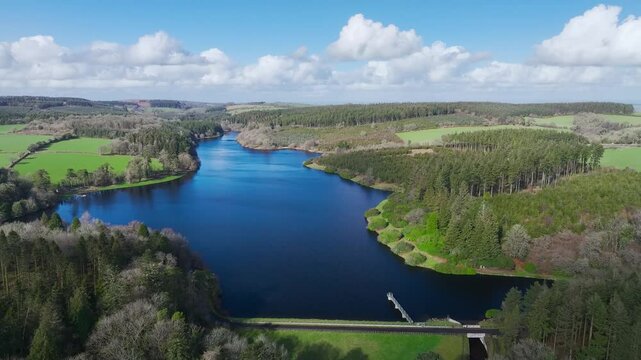 Farms and Forest over Kennick Reservoir from a drone, South West Lakes Trust, Dartmoor National Park, Devon, England