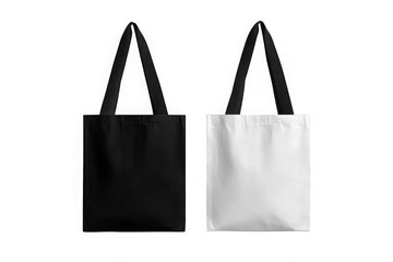 Two tote bags, one black and white isolated on transparent background mock up png 
