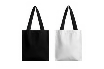 Two tote bags, one black and white isolated on transparent background mock up png 

