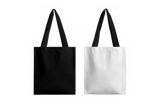 Two tote bags, one black and white isolated on transparent background mock up png 
