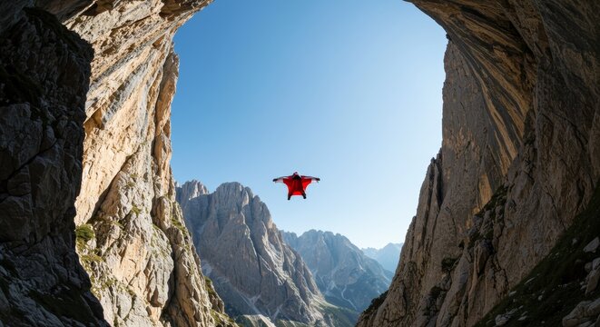 A bright, wide-angle shot of a person wingsuit flying through a narrow mountain pass, with a clear, open sky