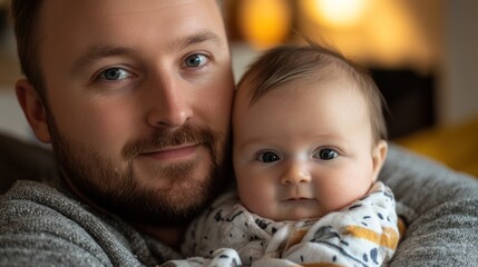 Close-up portrait of a father lovingly holding his baby.