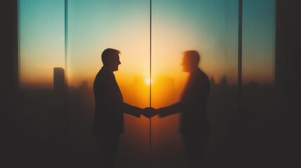Business Partnership Agreement Silhouette of Two Men Shaking Hands at Sunset, Successful Deal, Collaboration.