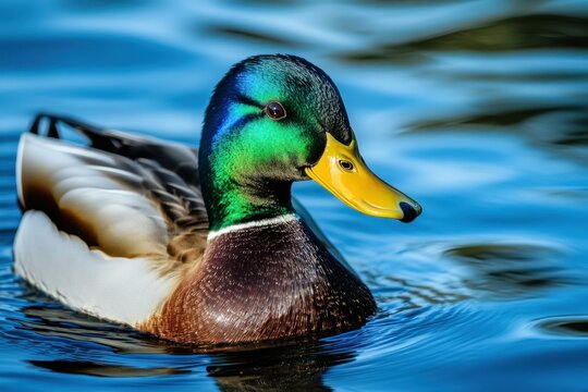 Colorful mallard duck swimming on calm lake water; close-up