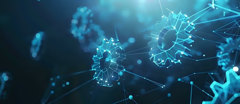 Microscopic virus cells connected by glowing lines on dark blue background, scientific visualization showing viral spread and infection network patterns in medicine.